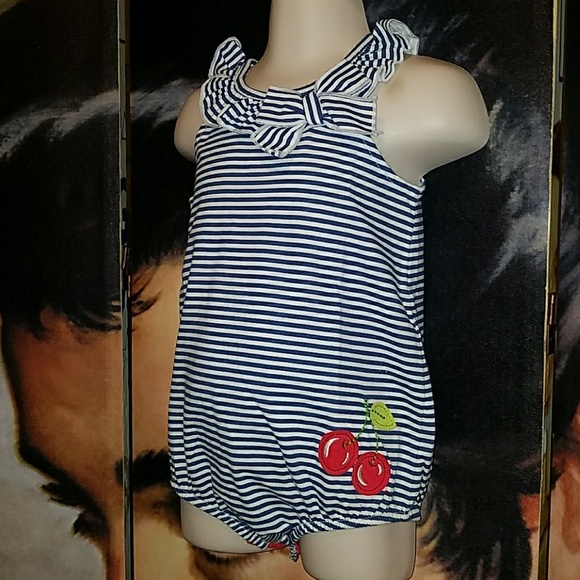 RockABilly Girl Blue Stripe Romper w Cherry Bottom - Picture 3 of 8